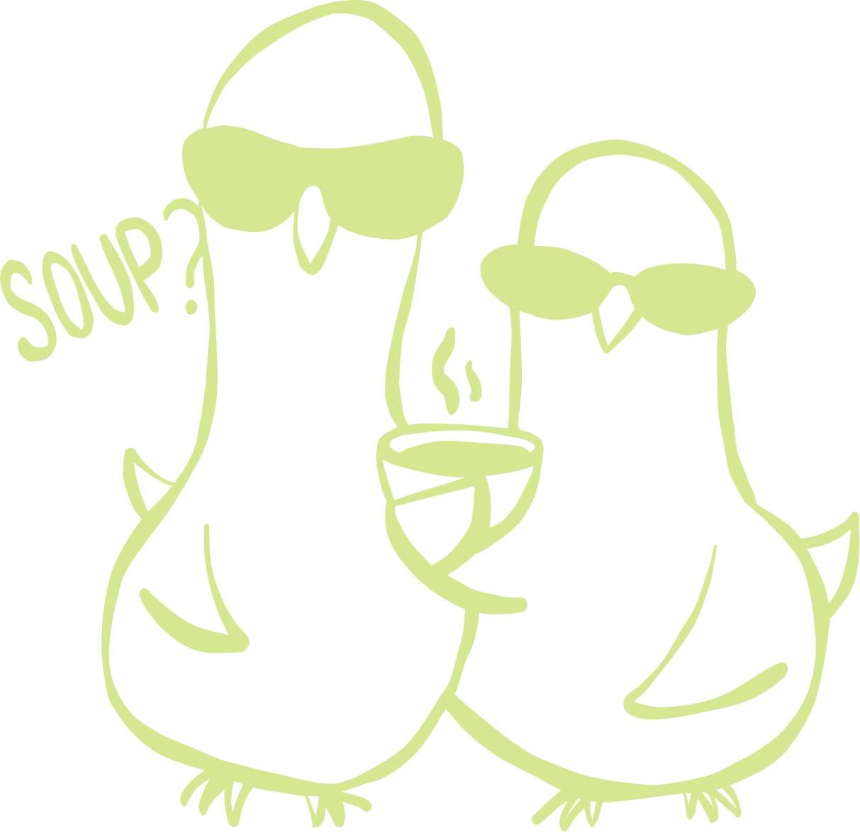 Two birds in sunglasses saying come in, soup