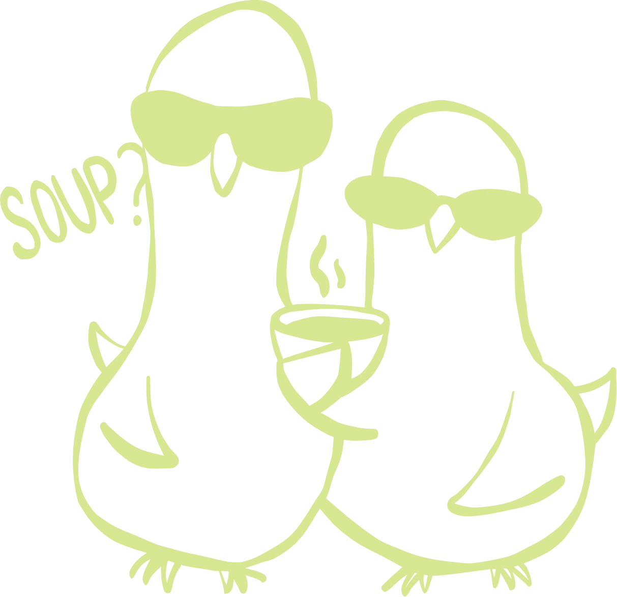 Two birds in sunglasses saying come in, soup